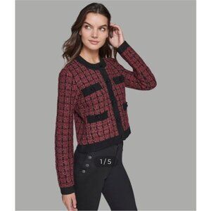 KARL LAGERFELD PARIS CROPPED TWEED CARDIGAN BURGUNDY RHINESTONE BUTTONS XL